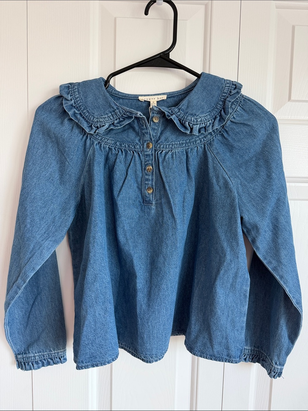 Girls Copper Key Blue Denim Ruffle Collar Blouse